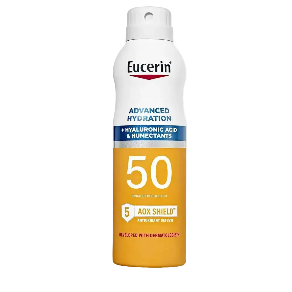 Eucerin Advanced Hydration Sunscreen Spray SPF 50 lightweight body sunscreen with hyaluronic acid