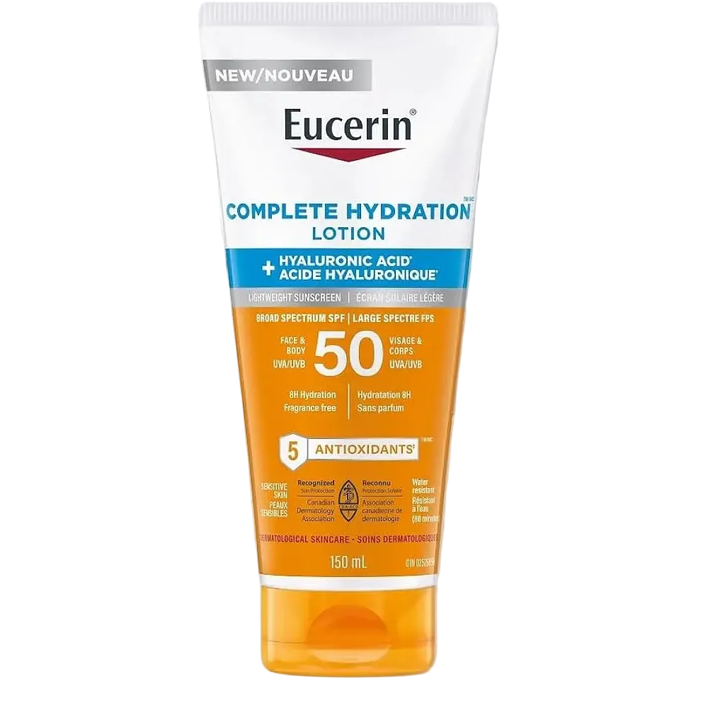 Eucerin Complete Hydration Lotion SPF 50 Face & Body sunscreen with hyaluronic acid for hydration and UV protection