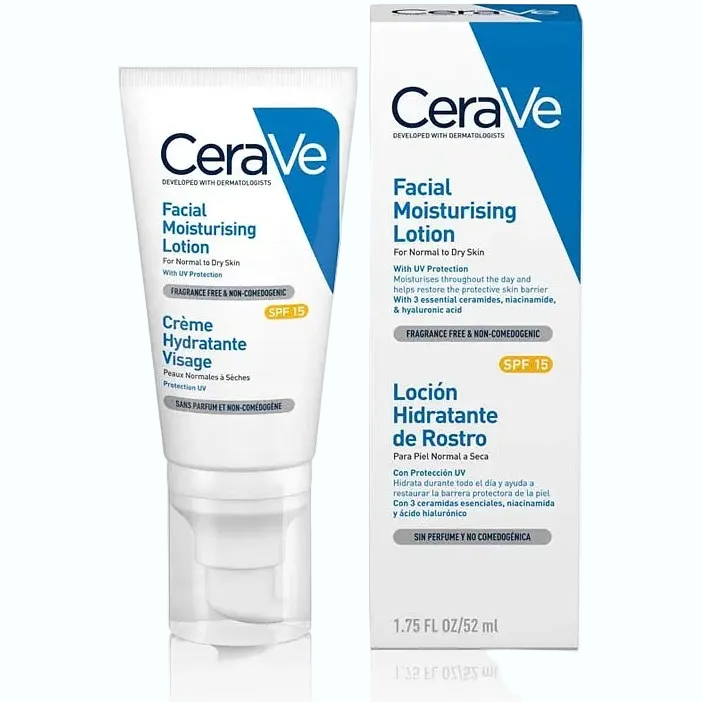 CeraVe AM Facial Moisturising Lotion SPF 15 with ceramides and hyaluronic acid for daily hydration and sun protection