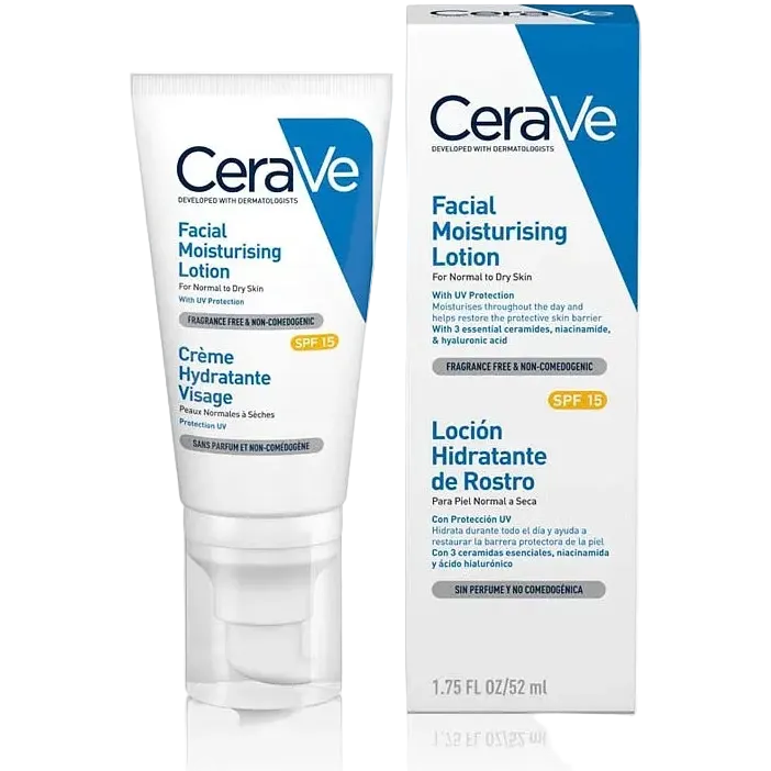 CeraVe AM Facial Moisturising Lotion SPF 15 for daily hydration and broad spectrum sun protection