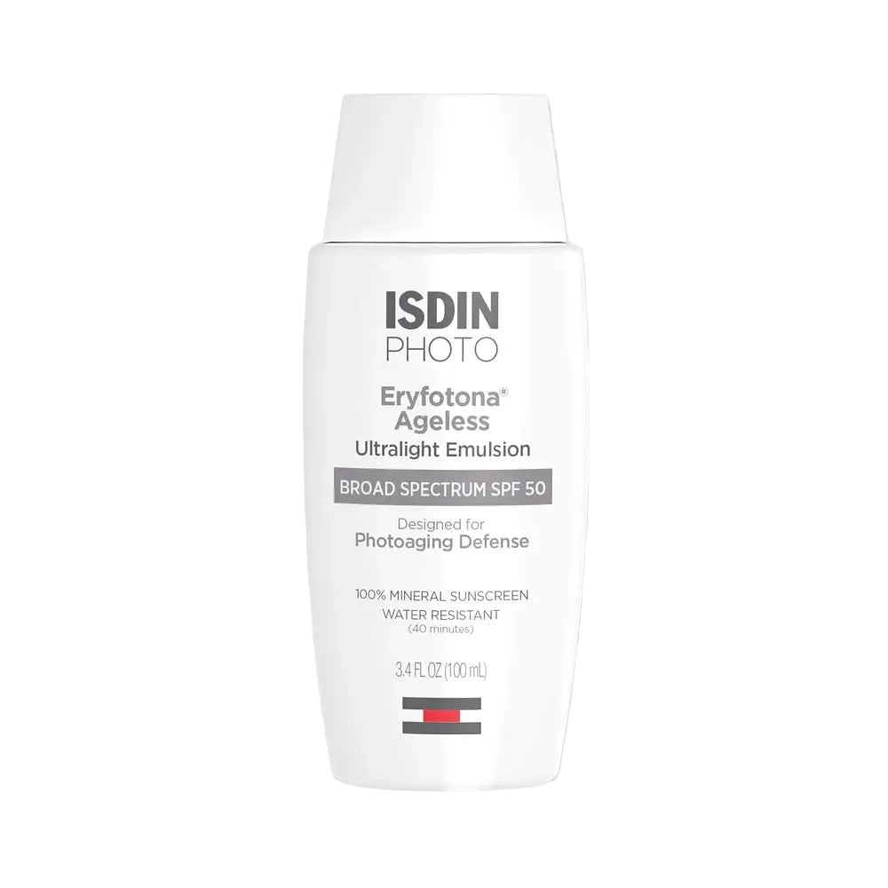 ISDIN Eryfotona Ageless Ultralight Emulsion SPF 50 tinted mineral sunscreen for anti-aging and photoaging defense