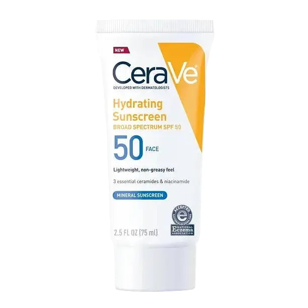 CeraVe Hydrating Mineral Sunscreen SPF 50 with zinc oxide and titanium dioxide for sensitive skin protection