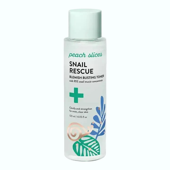 Peach Slices Snail Rescue Blemish Busting Toner with 95% snail mucin for hydration and acne control