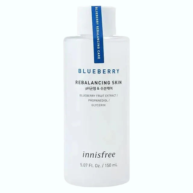 Innisfree Blueberry Rebalancing Skin Toner for pH balance and hydration with antioxidant-rich blueberry extract