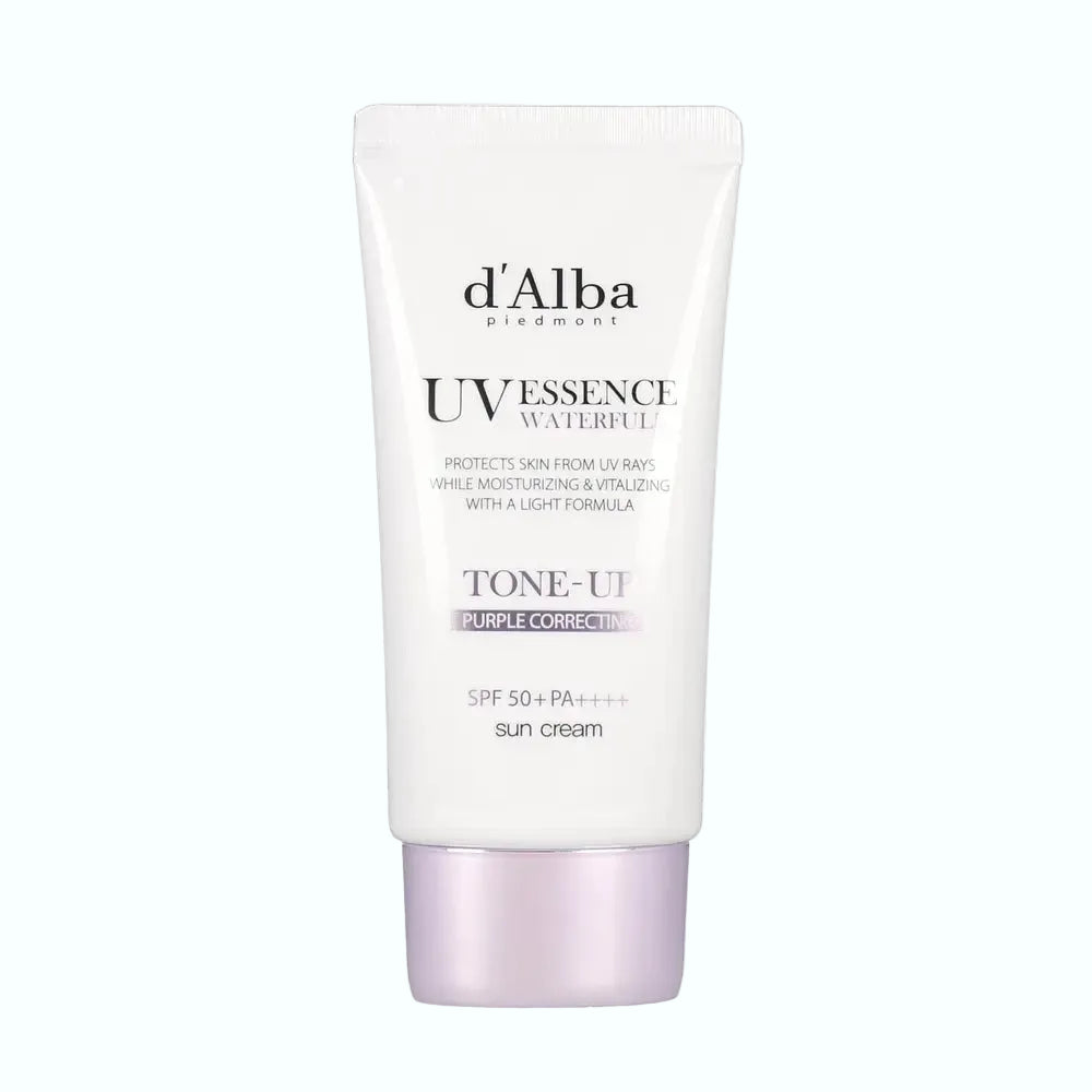 D'Alba UV Essence Waterfull Purple Tone-Up Sun Cream SPF 50+ with color correction and hydration
