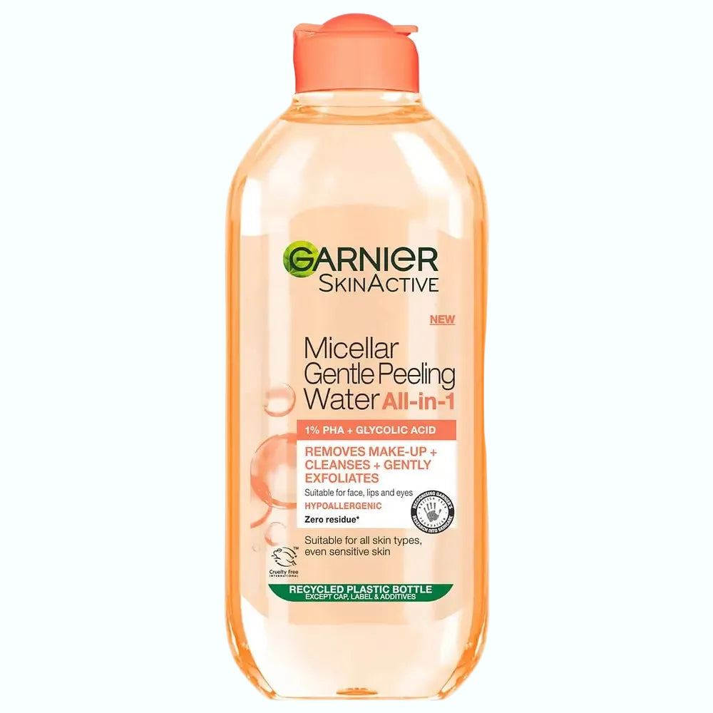 Garnier Micellar Gentle Peeling Water with 1% PHA and Glycolic Acid for exfoliating and makeup removal