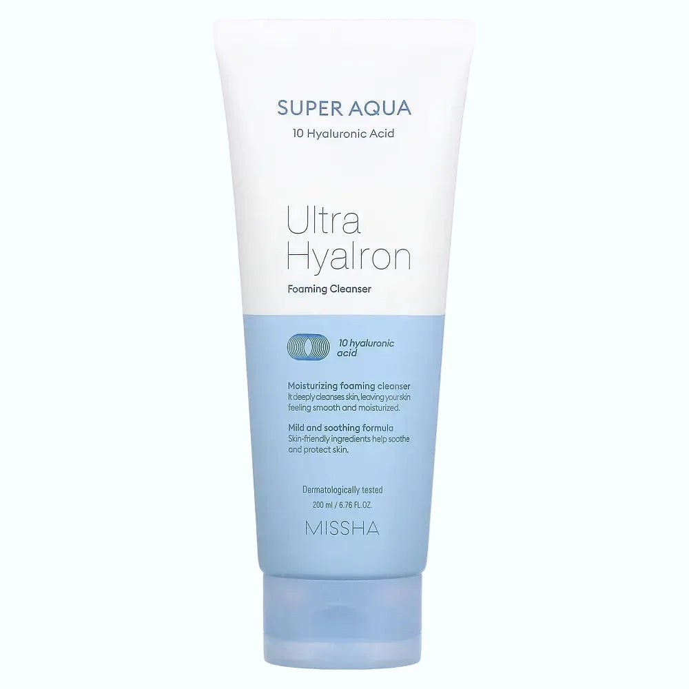 Missha Super Aqua Ultra Hyalron Foaming Cleanser with 10 types of hyaluronic acid for deep hydration