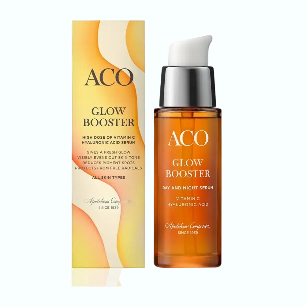 ACO Glow Booster Vitamin C Serum for brightening, dark spots, and radiant skin with hyaluronic acid