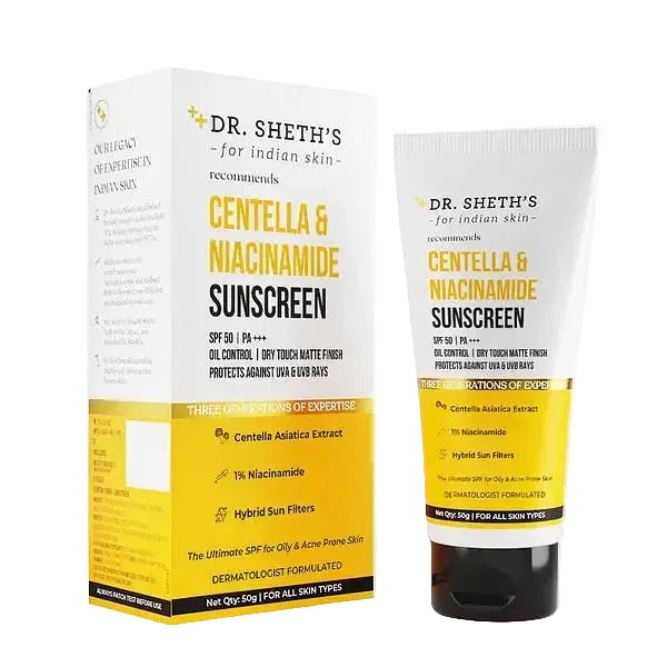 Dr. Sheth's Centella & Niacinamide Sunscreen SPF 50+ PA+++ for oily and acne-prone skin