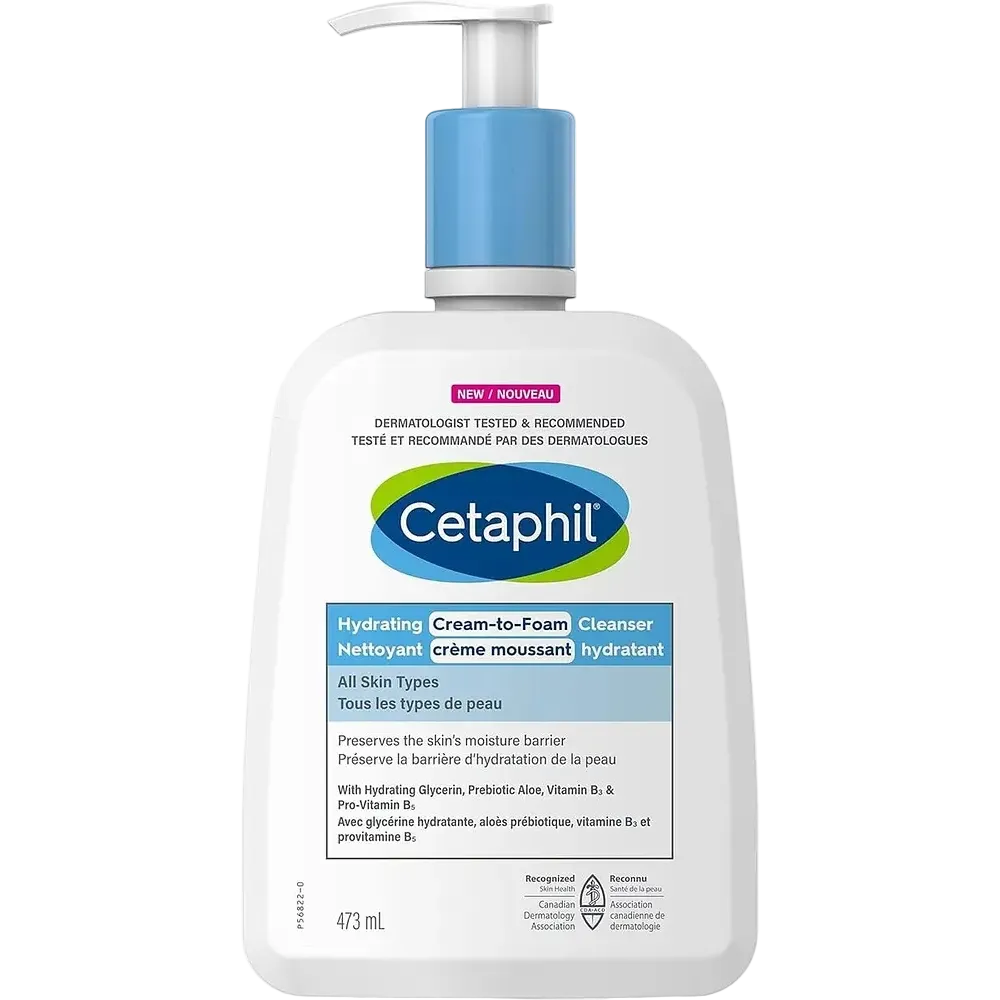Cetaphil Hydrating Cream-to-Foam Cleanser for dry to normal sensitive skin with prebiotic aloe