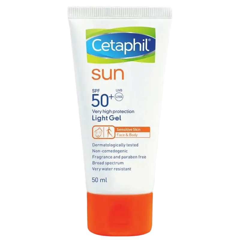 Cetaphil Sun SPF 50+ Light Gel lightweight chemical sunscreen for sensitive skin UVA UVB protection