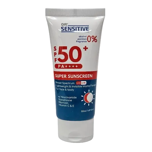 Dr. Sensitive Super Sunscreen SPF50+ PA++++ broad spectrum UV protection with niacinamide and vitamin C