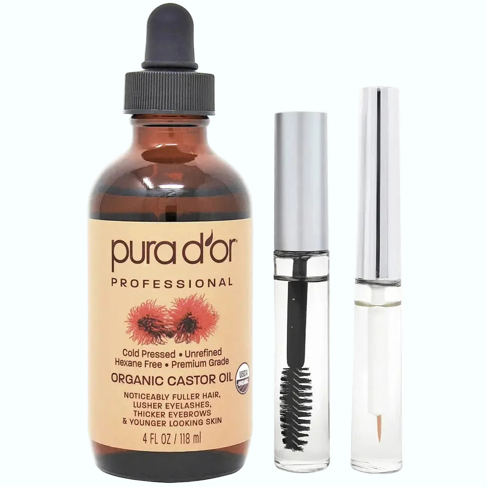 Pura D'or Organic Cold Pressed Castor Oil for hair, lashes, brows and skin hydration