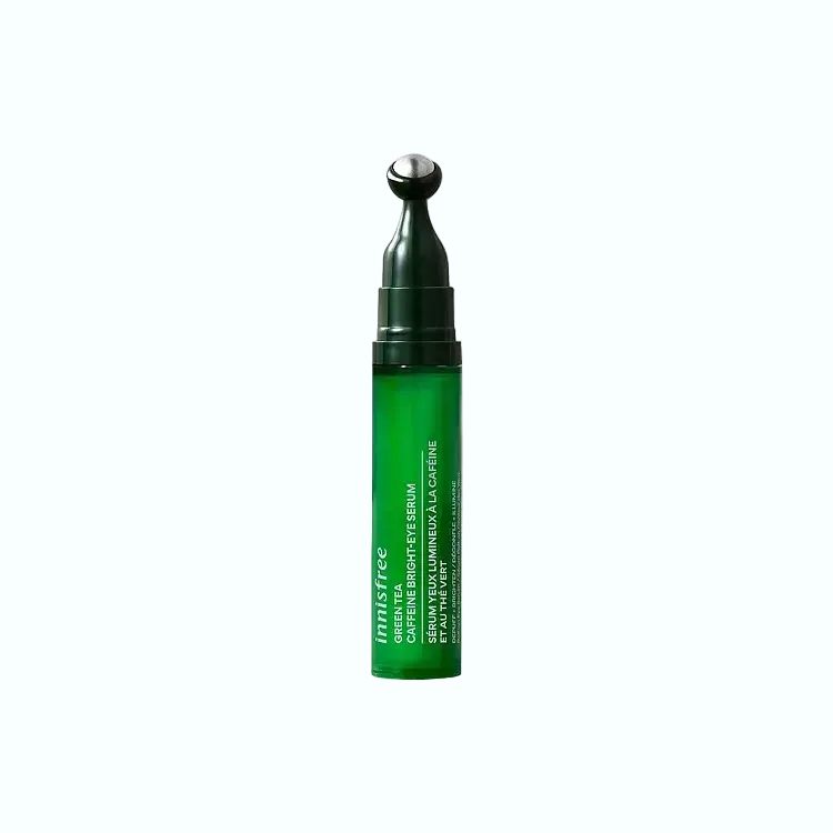 Innisfree Green Tea Caffeine Eye Serum with cooling rollerball for depuffing and brightening tired eyes
