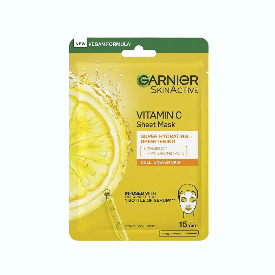 Garnier Brightening & Super Hydrating Vitamin C Sheet Mask for instant glow and hydration