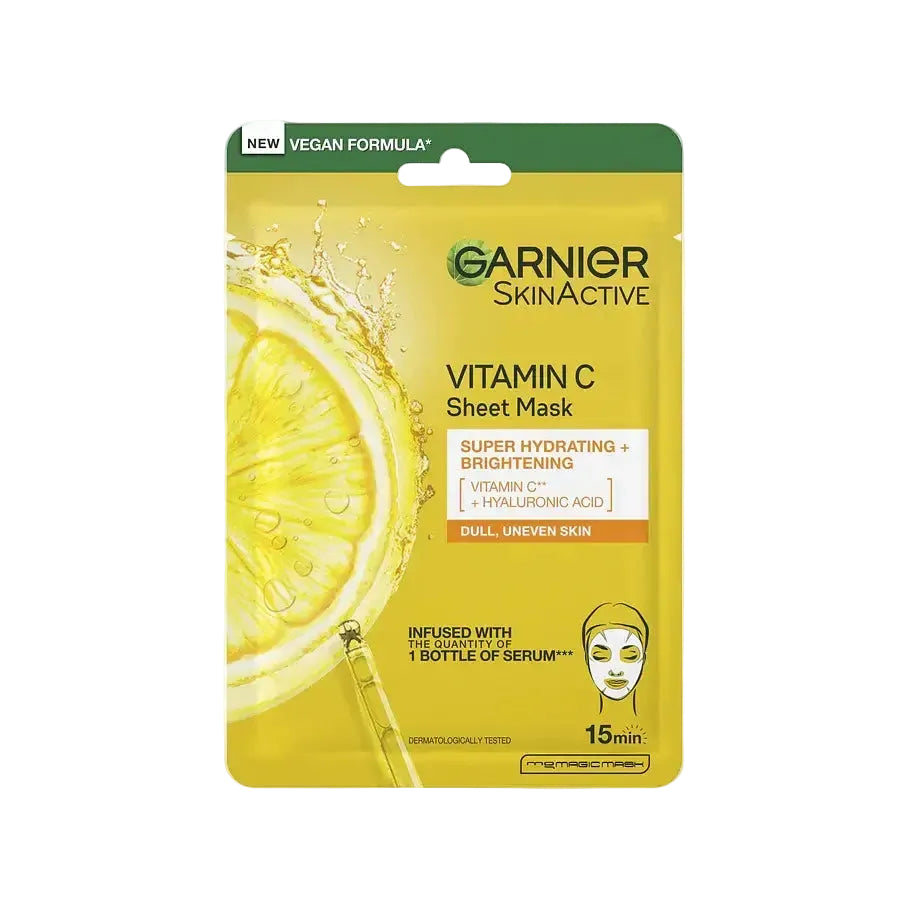 Garnier Brightening & Super Hydrating Vitamin C Sheet Mask for radiance and hydration