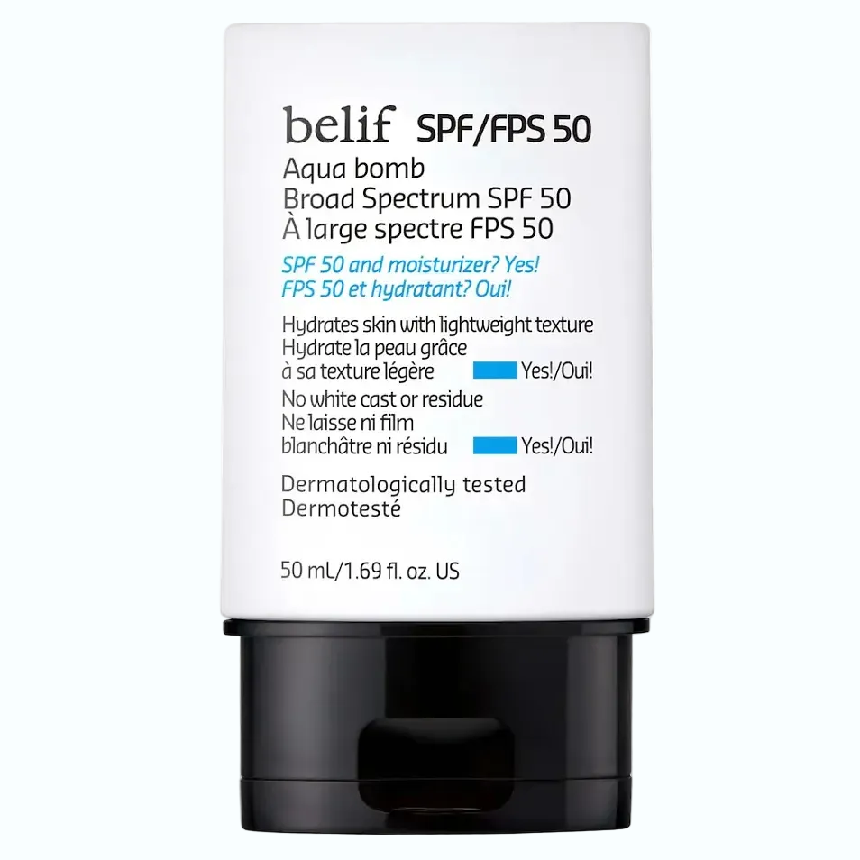 belif Aqua Bomb SPF 50 chemical sunscreen with hydrating formula for all skin types