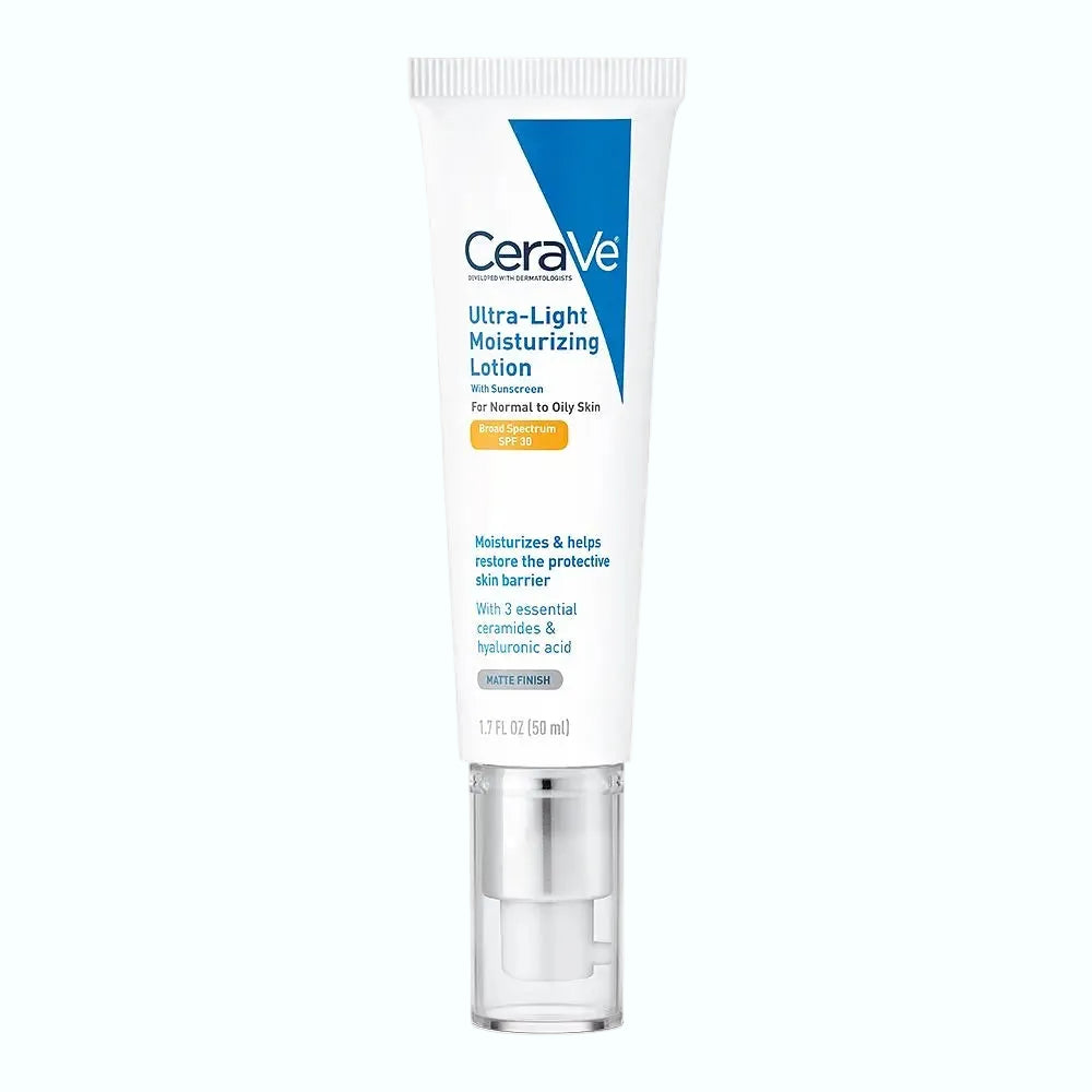 CeraVe Ultra-Light Moisturizing Lotion SPF 30 with ceramides for oil-free sun protection and hydration