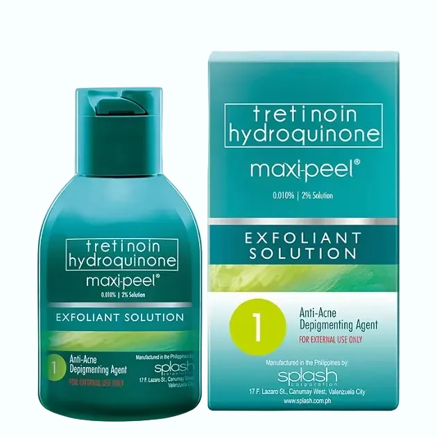 Maxi-Peel Exfoliant Solution with tretinoin and hydroquinone for acne treatment and skin brightening