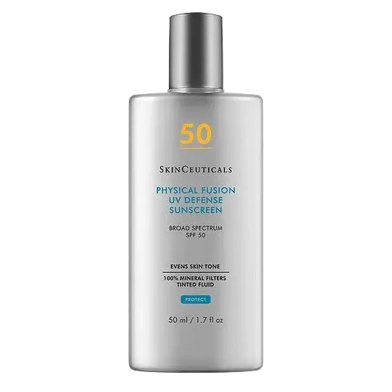 SkinCeuticals Physical Fusion UV Defense SPF 50 tinted mineral sunscreen for broad spectrum UVA UVB protection