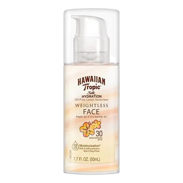Hawaiian Tropic Silk Hydration Weightless Face Sunscreen SPF 30 for lightweight hydration and broad spectrum UV protection