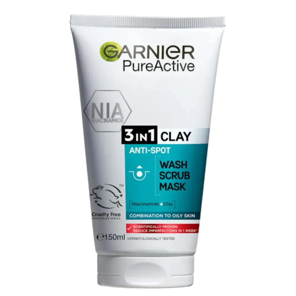 Garnier PureActive 3-In-1 Clay Wash Scrub Mask for oily acne-prone skin with salicylic acid and kaolin