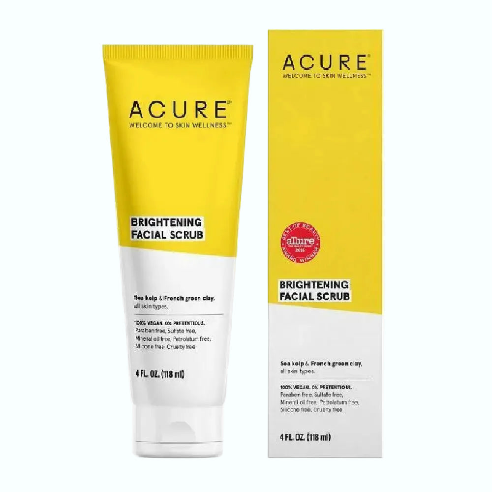 Acure Brightening Facial Scrub with walnut shell and French green clay for gentle exfoliation and brighter skin