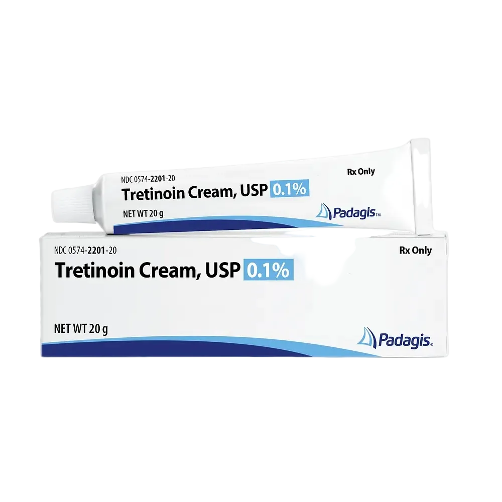 Padagis Tretinoin Cream 0.1% prescription retinoid for acne, anti-aging and skin texture