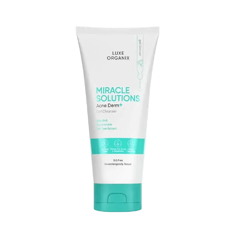 Luxe Organix Miracle Solutions Acne Derm+ Gel Cleanser with AHA BHA for acne-prone skin deep pore cleansing