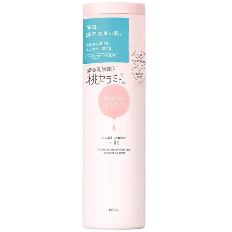 MOMOPURI Peach Moist Barrier Milk Japanese hydrating toner with peach ceramide for barrier repair