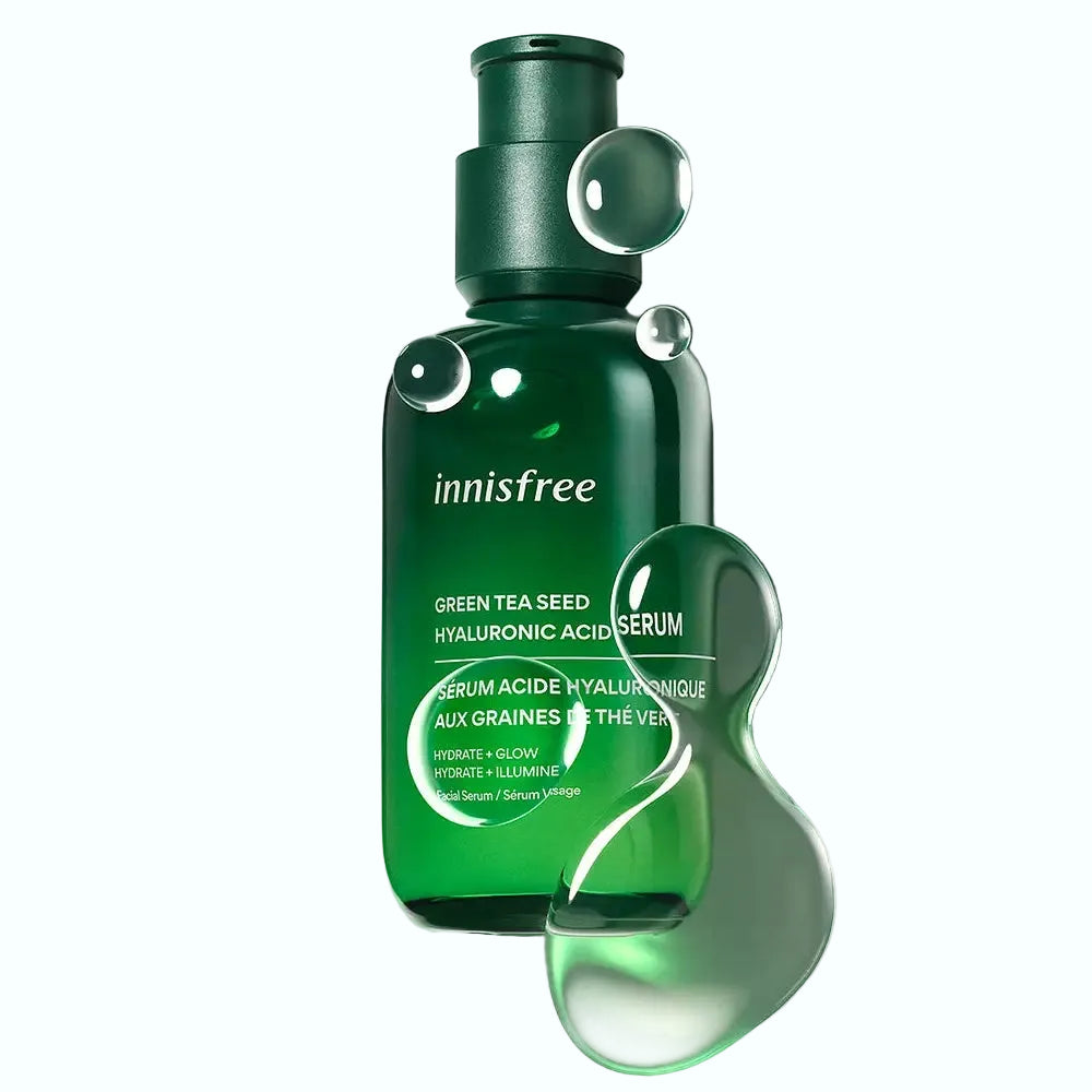 innisfree Green Tea Hyaluronic Acid Serum for deep hydration and skin barrier strengthening