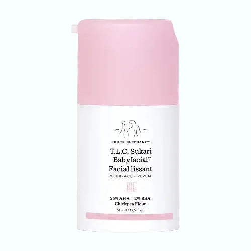 Drunk Elephant T.L.C. Sukari Babyfacial 25% AHA 2% BHA mask for resurfacing and brightening skin texture