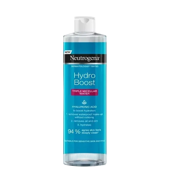 Neutrogena Hydro Boost Triple Micellar Water with hyaluronic acid for sensitive skin hydration and makeup removal