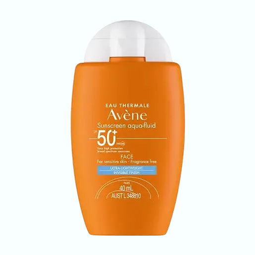 Avène Sunscreen Aqua-Fluid SPF50+ ultra-lightweight broad spectrum UV and blue light protection for sensitive skin