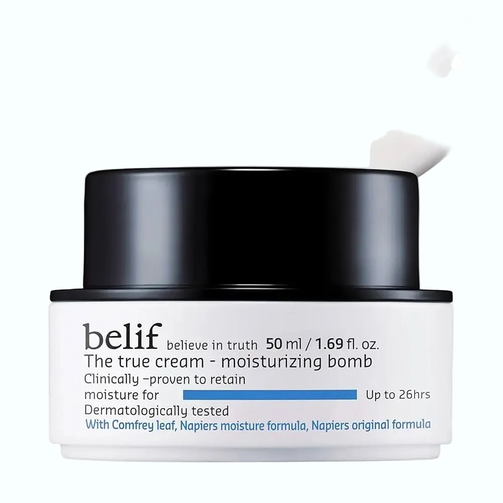 belif The True Cream Moisturizing Bomb with ceramides and peptides for deep hydration and barrier repair