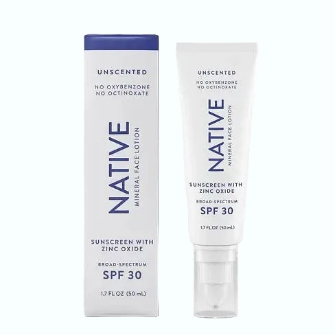 Native Mineral Face Sunscreen SPF 30 for broad spectrum UV protection with zinc oxide