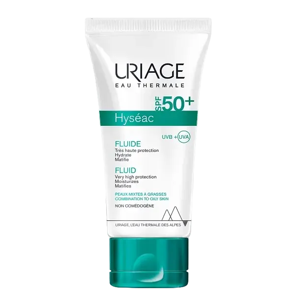 Uriage Hyseac Fluid SPF 50+ mattifying sunscreen for combination to oily acne-prone skin