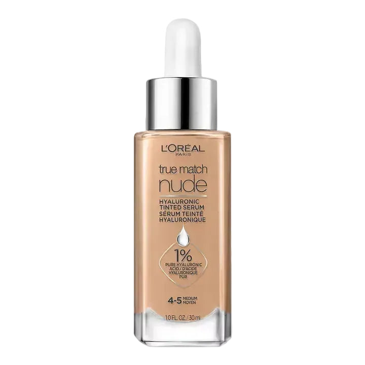 L'Oreal True Match Nude Hyaluronic Tinted Serum for hydration and brightening with 1% hyaluronic acid