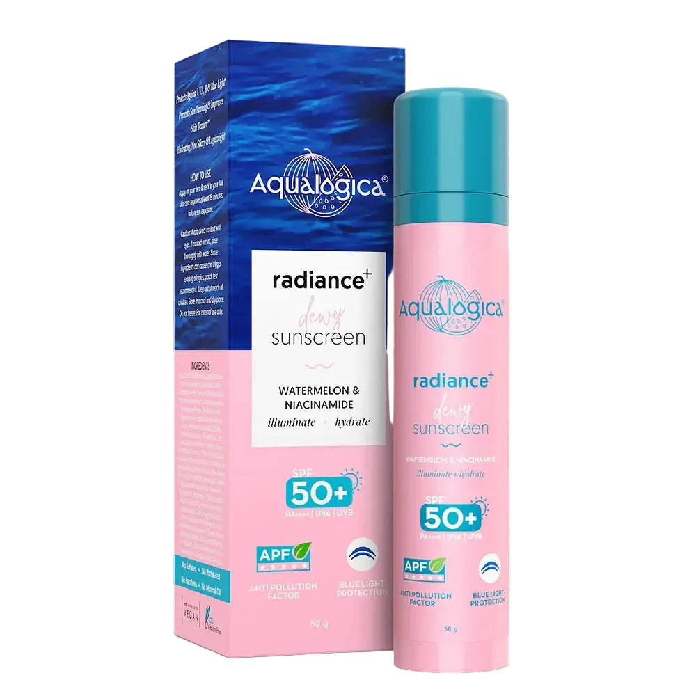 Aqualogica Radiance+ Dewy Sunscreen SPF 50+ PA+++ with niacinamide and watermelon for radiant hydrated skin