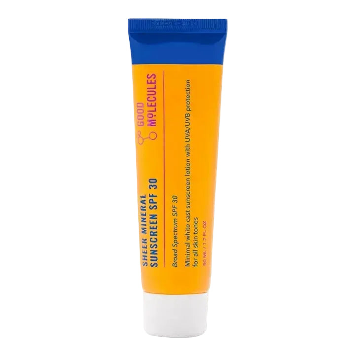 Good Molecules Sheer Mineral Sunscreen SPF 30 with zinc oxide for broad spectrum UV protection and hydration