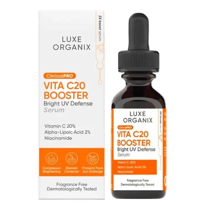 Luxe Organix Clinical Pro Vita C20 Booster Serum for brightening dark spots and antioxidant protection
