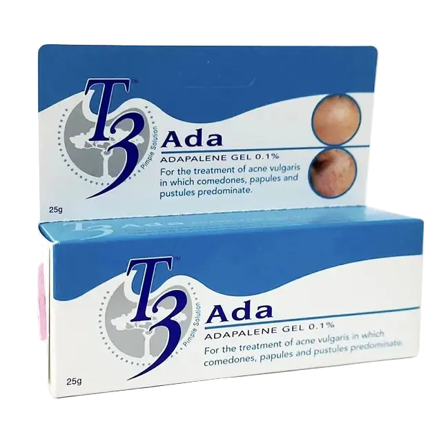T3 Adapalene Gel 0.1% retinoid treatment for acne and anti-aging