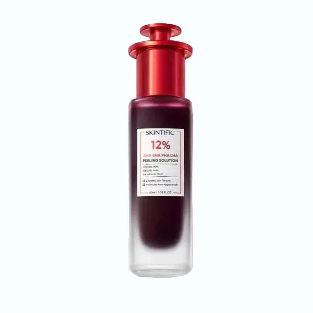 Skintific 12% AHA BHA PHA LHA Peeling Solution for exfoliation, brightening, and pore refinement