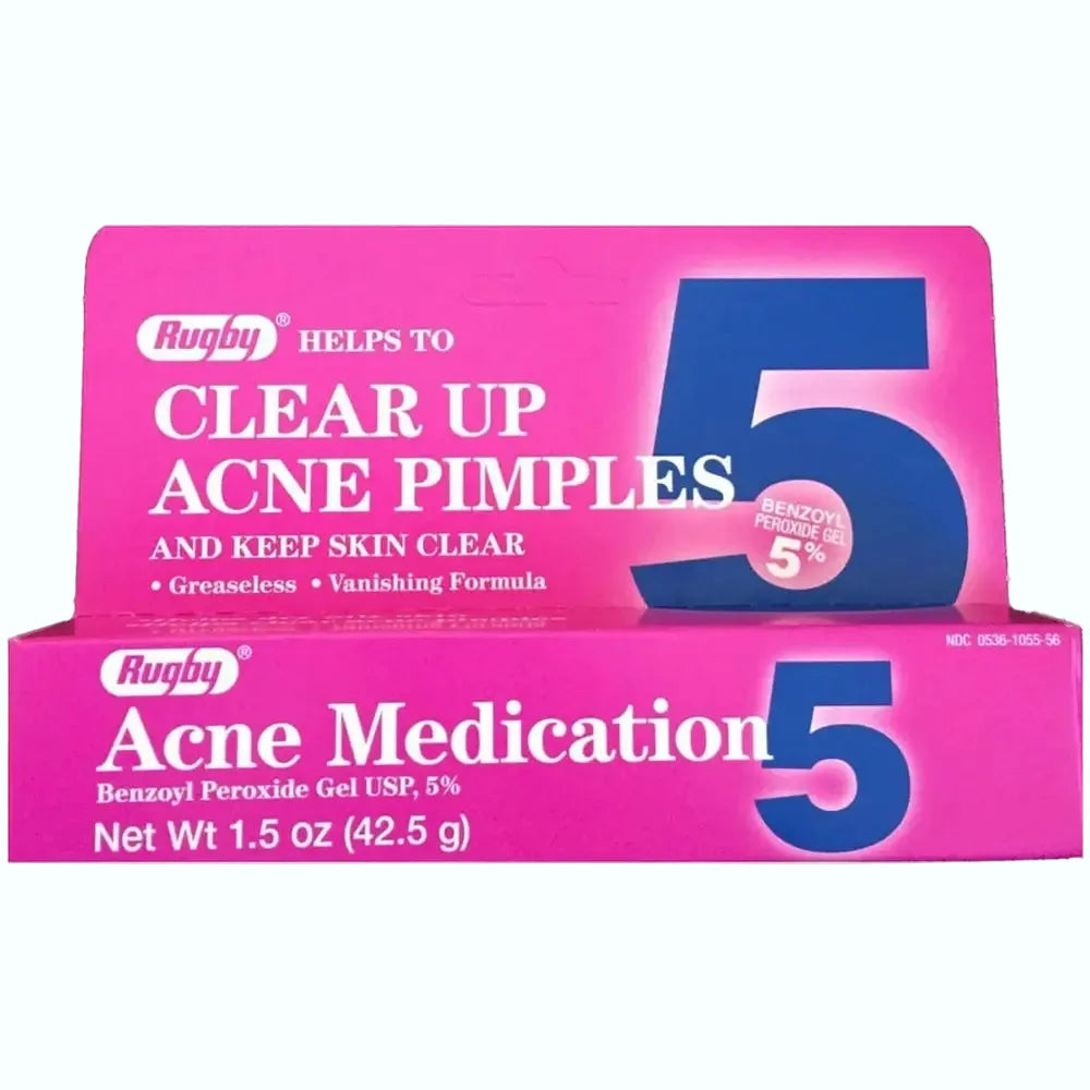 Rugby Laboratories Benzoyl Peroxide 5% Acne Medication gel for clearing acne and preventing breakouts