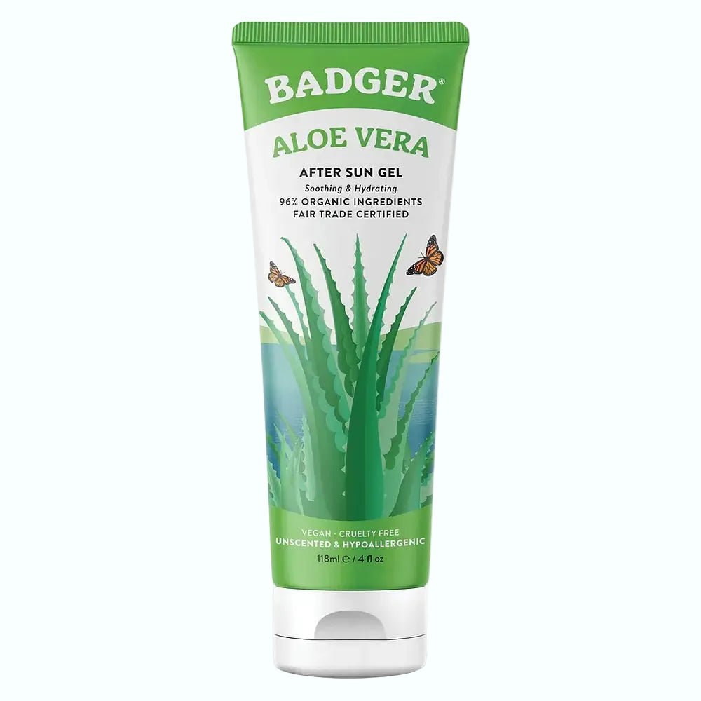 Badger Aloe Vera Gel for sunburn relief and skin hydration with 96% pure organic aloe