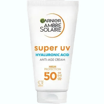 Garnier Ambre Solaire Anti-Age SPF50 sunscreen with hyaluronic acid and niacinamide for anti-aging protection
