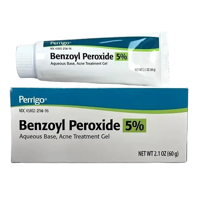 Perrigo Benzoyl Peroxide 5% acne treatment gel for blemishes and breakouts