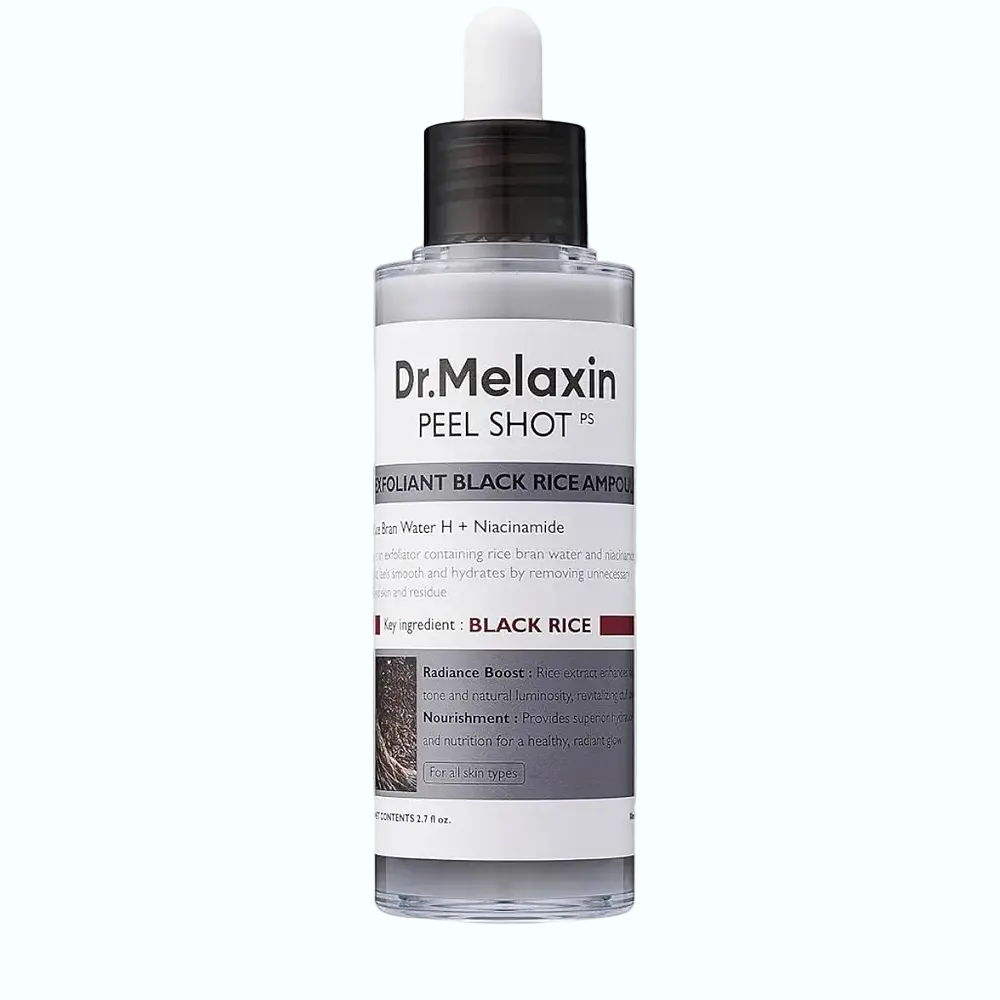 Dr.Melaxin Peel Shot Exfoliant Black Rice Ampoule for gentle exfoliation and brightening with rice bran water
