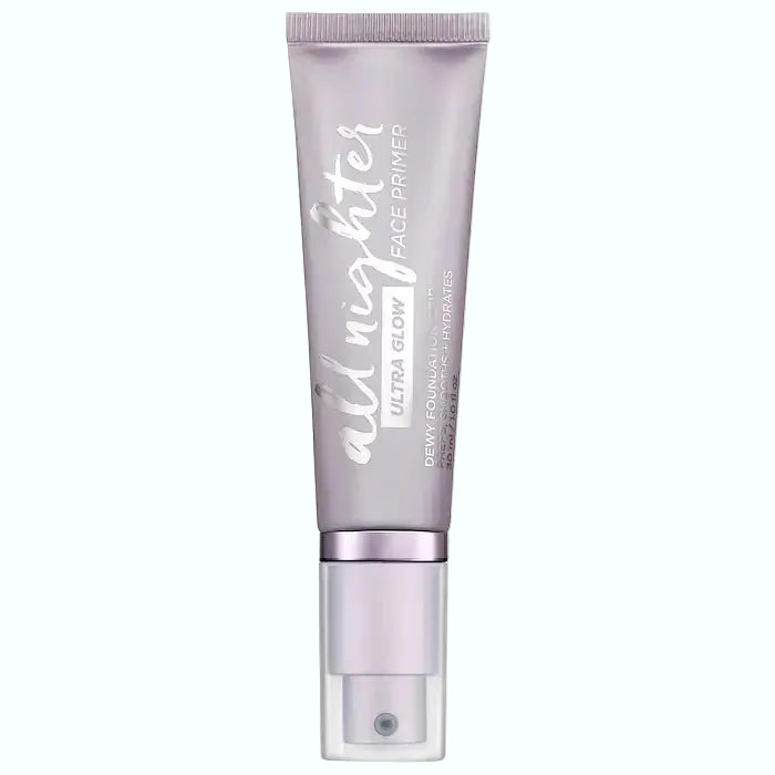 Urban Decay All Nighter Ultra Glow Face Primer for dewy finish and foundation grip with hyaluronic acid