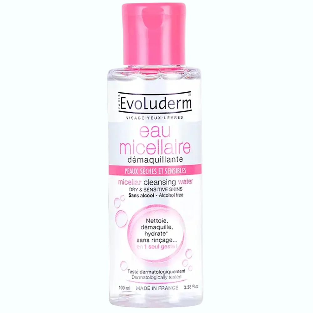 Evoluderm Micellar Cleansing Wter for gentle makeup removal and cleansing for all skin types